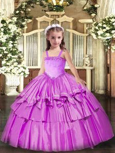 Elegant Sleeveless Lace Up Floor Length Appliques and Ruffled Layers Little Girls Pageant Gowns