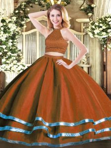 Sumptuous Sleeveless Tulle Floor Length Backless Quinceanera Gown in Rust Red with Beading