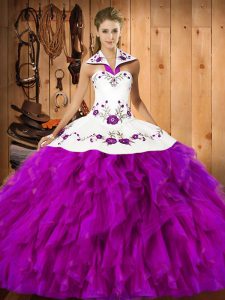 Fuchsia Ball Gowns Embroidery and Ruffles Quinceanera Dress Lace Up Satin and Organza Sleeveless Floor Length