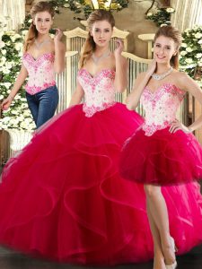 High End Hot Pink Three Pieces Sweetheart Sleeveless Organza Floor Length Lace Up Beading and Ruffles Sweet 16 Quinceanera Dress