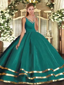 Designer Turquoise Tulle Backless V-neck Sleeveless Floor Length Quinceanera Gowns Ruching