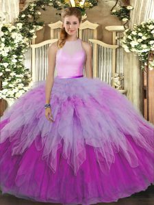 Classical Ball Gowns Sweet 16 Quinceanera Dress Multi-color High-neck Organza Sleeveless Floor Length Backless