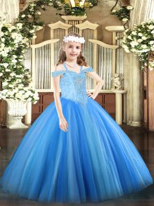 Off The Shoulder Sleeveless Lace Up Kids Formal Wear Baby Blue Tulle