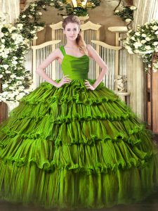 Olive Green Zipper Quinceanera Gowns Ruffled Layers Sleeveless Floor Length