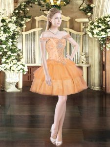 Custom Design Orange Red Organza Lace Up Homecoming Dress Sleeveless Mini Length Beading and Ruffled Layers