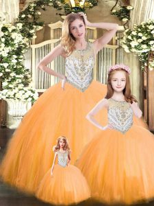Glamorous Orange Red Ball Gowns Scoop Sleeveless Tulle Floor Length Lace Up Beading Vestidos de Quinceanera
