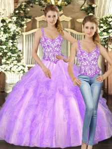 Glorious Lilac Organza Lace Up Straps Sleeveless Floor Length Quinceanera Dress Beading and Ruffles