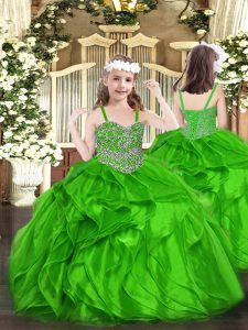 Custom Fit Organza Straps Sleeveless Lace Up Beading and Ruffles Pageant Gowns For Girls in Green