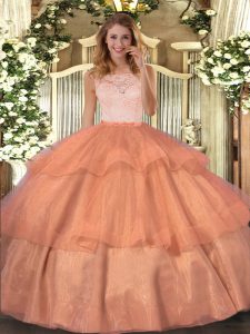 Enchanting Orange Clasp Handle Scoop Lace and Ruffled Layers Sweet 16 Dress Organza Sleeveless