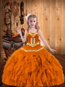 Best Ball Gowns Pageant Dress for Womens Orange Straps Organza Sleeveless Floor Length Lace Up