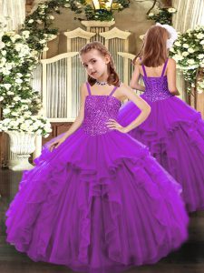 Purple Ball Gowns Organza Straps Sleeveless Beading and Ruffles Floor Length Lace Up Pageant Dress Toddler