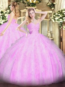 Most Popular Lilac Ball Gowns Beading and Ruffles 15 Quinceanera Dress Lace Up Organza Sleeveless Floor Length