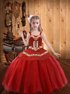 Dazzling Floor Length Ball Gowns Sleeveless Red Little Girl Pageant Gowns Lace Up