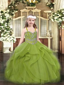 Dramatic Tulle Straps Sleeveless Lace Up Beading and Ruffles Child Pageant Dress in Olive Green