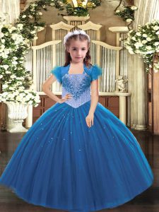Blue Straps Neckline Beading Girls Pageant Dresses Sleeveless Lace Up