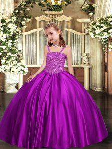 Sleeveless Satin Floor Length Lace Up Pageant Dress for Girls in Purple with Beading