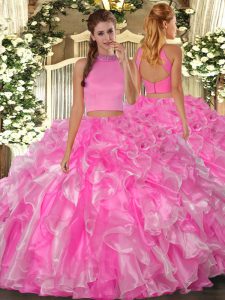 Rose Pink Halter Top Backless Beading and Ruffles Quinceanera Dress Sleeveless