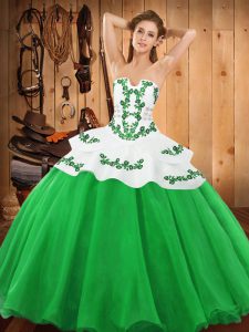 Strapless Sleeveless Sweet 16 Dress Floor Length Embroidery Green Satin and Organza