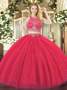 Dazzling Coral Red Tulle Zipper Quinceanera Gown Sleeveless Floor Length Beading