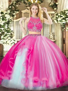 Hot Pink Organza Zipper Scoop Sleeveless Floor Length Ball Gown Prom Dress Beading and Ruffles