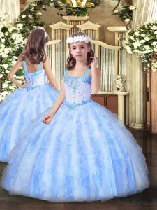 Enchanting Floor Length Light Blue Pageant Dress Straps Sleeveless Lace Up