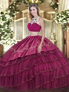 Flirting Fuchsia High-neck Backless Beading and Embroidery and Ruffled Layers Quinceanera Gown Sleeveless