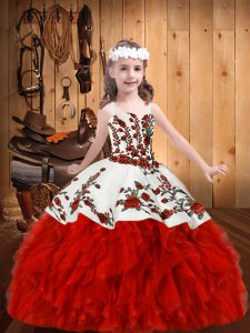 Sleeveless Organza Floor Length Lace Up Little Girl Pageant Dress in Red with Embroidery and Ruffles