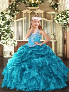 High End Teal Lace Up V-neck Beading and Ruffles and Pick Ups High School Pageant Dress Organza Sleeveless