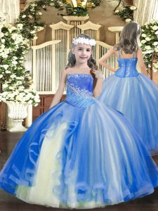 Stylish Baby Blue Ball Gowns Beading Pageant Dress Wholesale Lace Up Tulle Sleeveless Floor Length