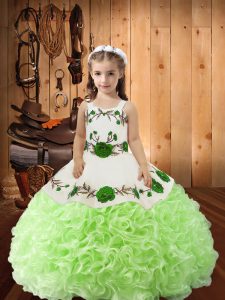 Sleeveless Fabric With Rolling Flowers Floor Length Lace Up Pageant Dress Wholesale in Yellow Green with Embroidery and Ruffles