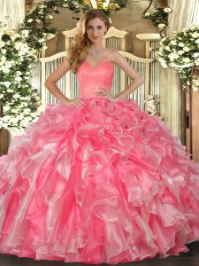 Watermelon Red Ball Gowns Sweetheart Sleeveless Organza Floor Length Lace Up Beading and Ruffles 15 Quinceanera Dress