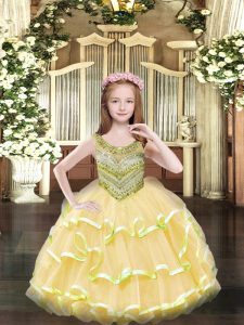 Gold Organza Lace Up Scoop Sleeveless Floor Length Little Girl Pageant Dress Beading and Ruffled Layers