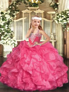 Hot Pink Organza Lace Up V-neck Sleeveless Floor Length Kids Pageant Dress Beading and Ruffles