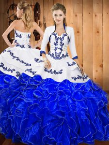 Blue And White Sleeveless Floor Length Embroidery and Ruffles Lace Up Ball Gown Prom Dress