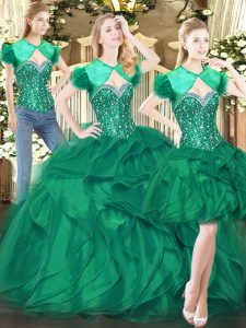 Fabulous Dark Green Ball Gowns Tulle Sweetheart Sleeveless Beading and Ruffles Floor Length Lace Up Vestidos de Quinceanera