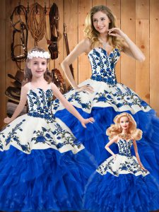 Shining Blue Ball Gowns Satin and Organza Sweetheart Sleeveless Embroidery and Ruffles Floor Length Lace Up Quinceanera Dress