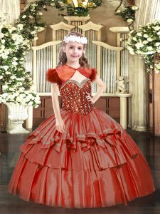 Pretty Coral Red Lace Up Pageant Gowns For Girls Beading and Ruffled Layers Sleeveless Floor Length