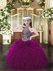Beauteous Halter Top Sleeveless Organza Pageant Dress for Teens Beading and Ruffles Lace Up