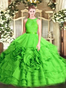 Fabric With Rolling Flowers Scoop Sleeveless Zipper Lace Quinceanera Gowns in