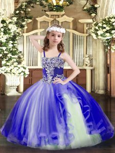 Dazzling Blue Ball Gowns Straps Sleeveless Tulle Floor Length Lace Up Appliques Pageant Dress for Womens