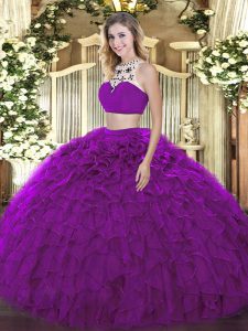 Clearance Purple Halter Top Backless Beading and Ruffles Sweet 16 Dresses Sleeveless