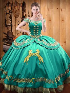 Turquoise Off The Shoulder Lace Up Beading and Embroidery Ball Gown Prom Dress Sleeveless