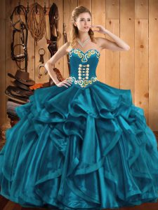 Teal 15th Birthday Dress Military Ball and Sweet 16 and Quinceanera with Embroidery and Ruffles Sweetheart Sleeveless Lace Up