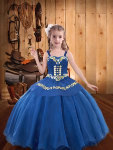 Blue Organza Lace Up Pageant Dresses Sleeveless Floor Length Beading and Embroidery and Ruffles