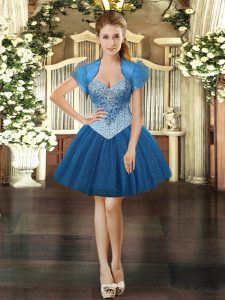 Royal Blue Ball Gowns Tulle Sweetheart Sleeveless Beading Mini Length Lace Up Dress for Prom