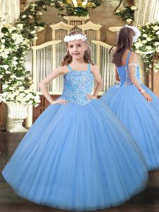 Straps Sleeveless Pageant Dress Wholesale Floor Length Beading Baby Blue Tulle