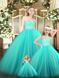 Beading and Lace Quince Ball Gowns Turquoise Zipper Sleeveless Floor Length