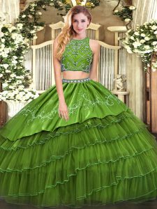 Floor Length Olive Green 15 Quinceanera Dress Tulle Sleeveless Beading and Embroidery and Ruffled Layers
