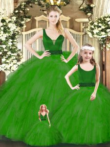 Floor Length Green Quinceanera Dress Organza Sleeveless Beading and Ruffles
