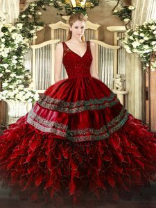 Wine Red Ball Gowns V-neck Sleeveless Organza Floor Length Zipper Beading and Appliques and Ruffles Quinceanera Dress